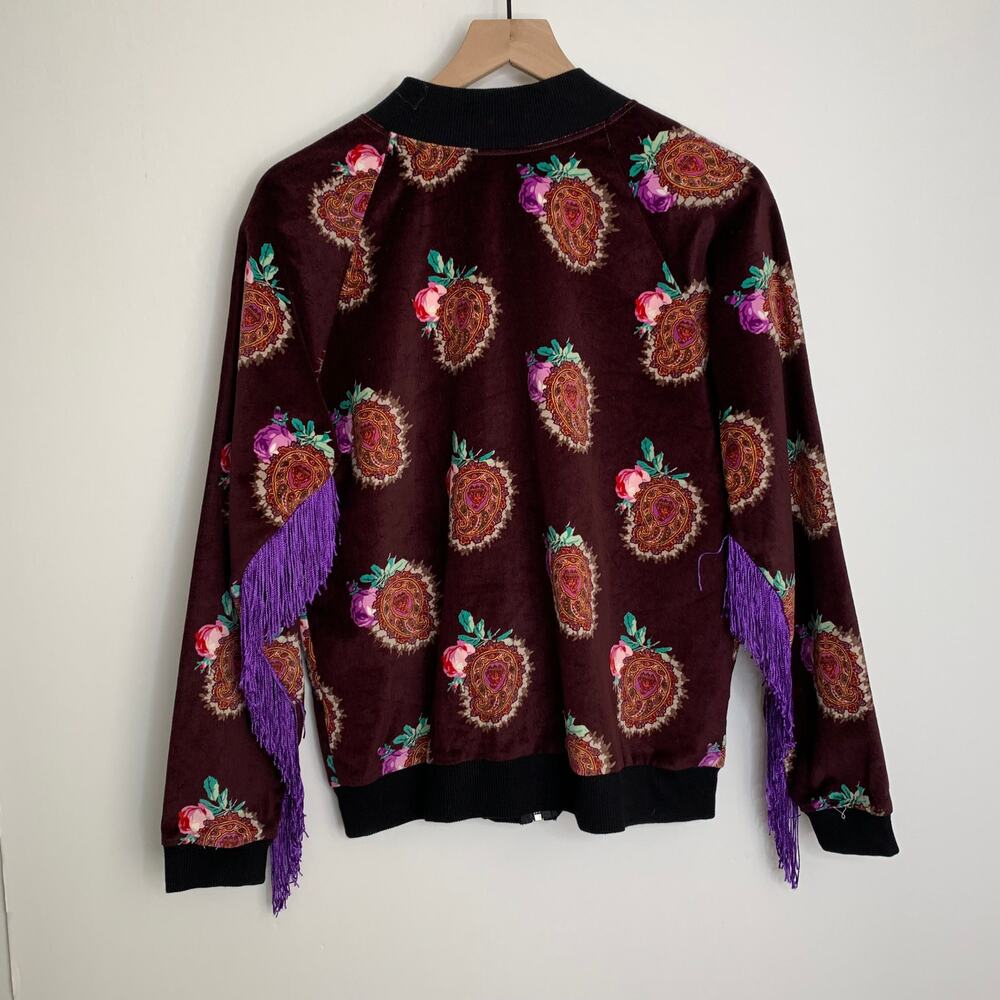 Moon & Nomad Mixed Emotions Velvet Bomber Jacket Burgundy Purple Fringe Medium - Picture 2 of 14